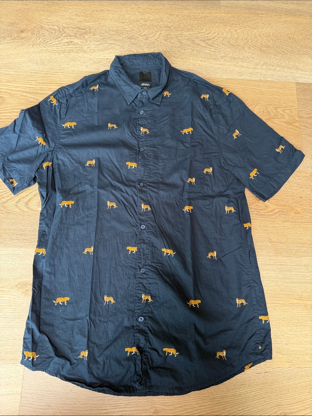 Men's Navy Short-Sleeve Button-Up Shirt with Leopard pattern